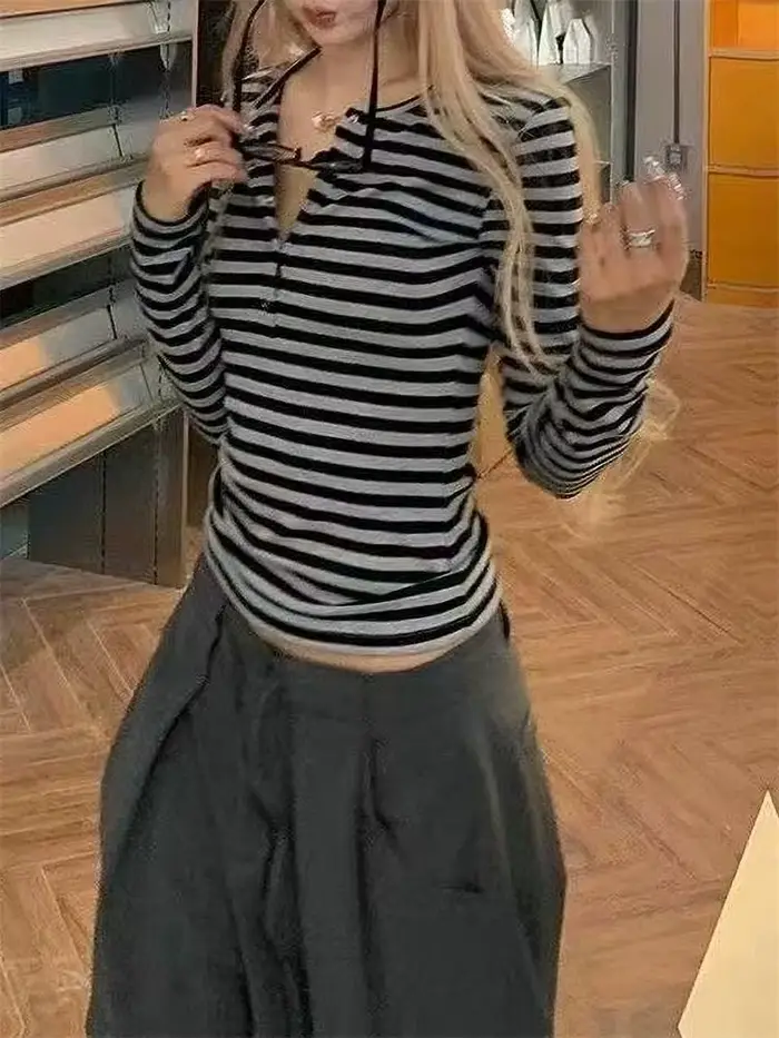 Vintage pásikavé roztomilé tričká pre ženy kórejská móda gombík víla Grunge Tričko Y2K oblečenie ležérne jeseň zima top