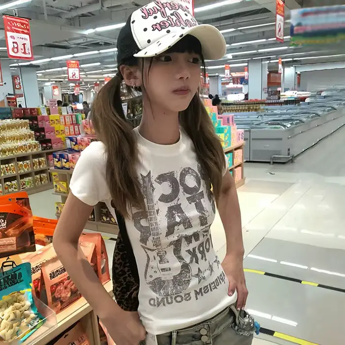 Karrram japonské Y2k tričko s potlačou písmen 2000s štýl s krátkym rukávom crop top Vintage Harajuku rebrované