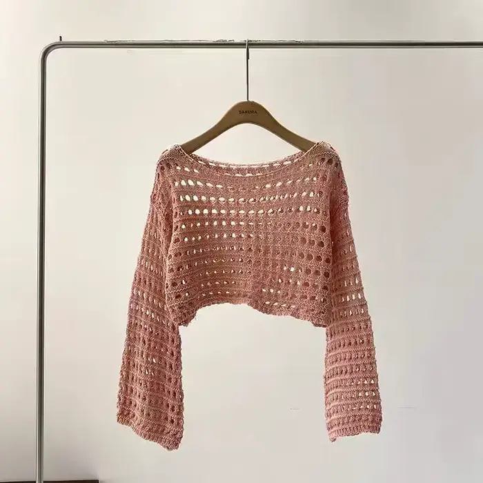 Dlhý rukáv háčkovaný top pre ženy