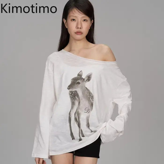 Kimotimo Dámske Tričko Leto Potlač Odhalené Ramená Dlhé Rukávy 2026 Nové Ležérne Priesvitné Voľné Štýl Kpop Y2K