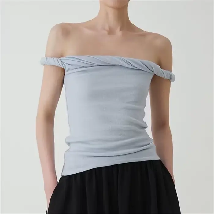 T-shirt à manches courtes et épaules dénudées pour femme, haut froncé, col slash, blanc, rose, kawai