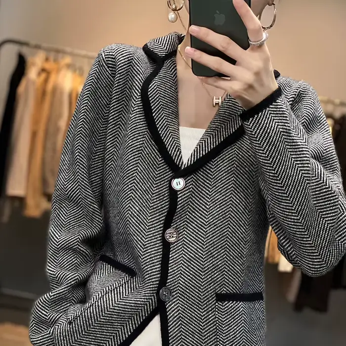 Pull cardigan en laine pure, style chinois, col rabattu, boutonnage simple, vichy, pour femmes, automne hiver ```
