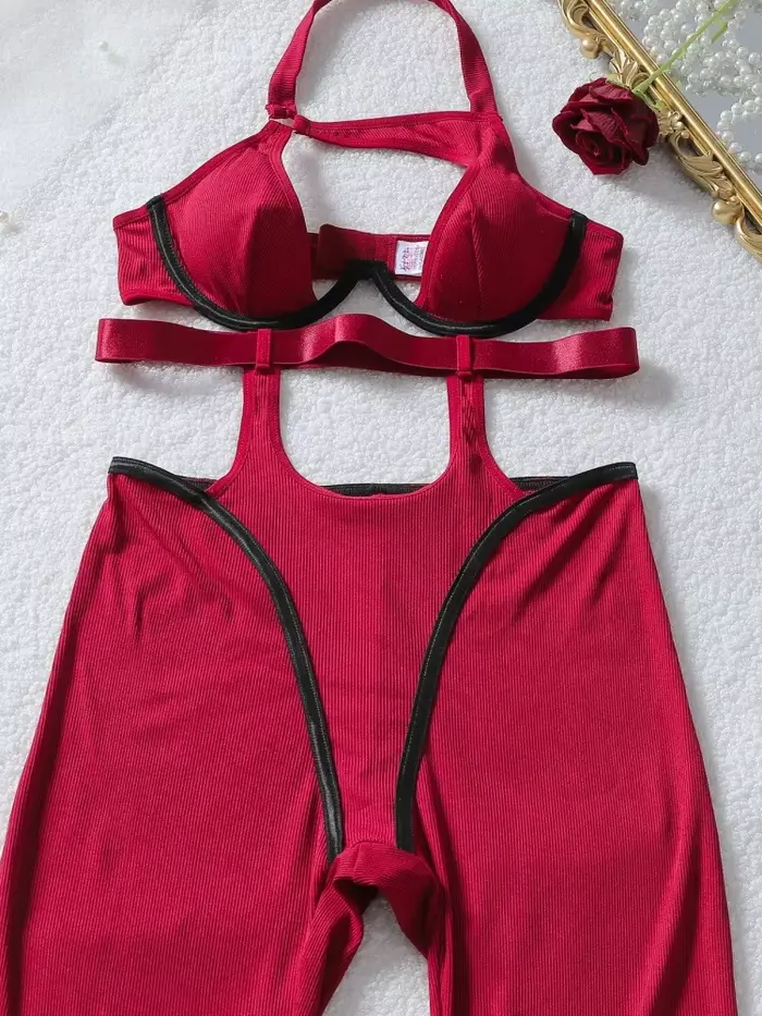 Ensemble sexy en élasthanne et nylon pour femmes, soutien-gorge plongeur avec fermeture arrière et bretelles ajustables, pour soirées et tous les jours