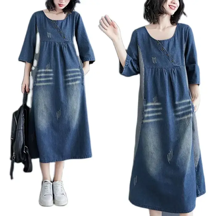 Robe en denim vintage pour femme, patchwork simple, longueur genou, rayures Wiltshire, manches trois