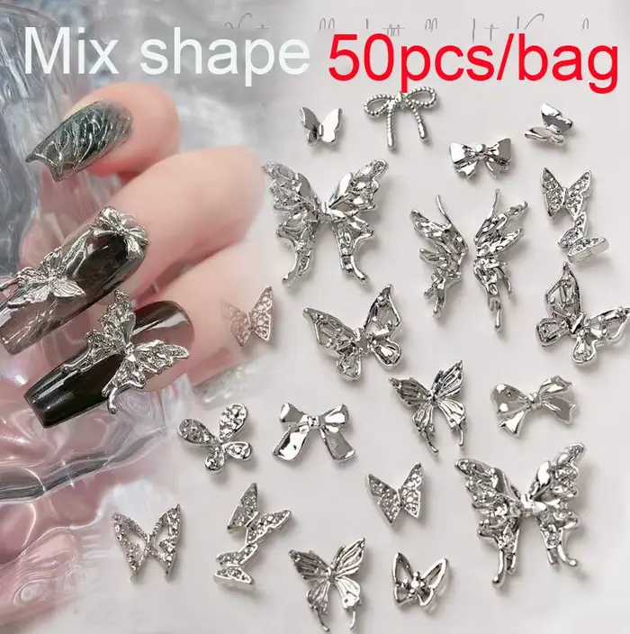 Breloques pour ongles rétro en alliage d'argent, 50 pièces, ruban de luxe, ailes de papillon Y2K, st