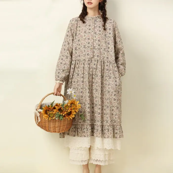 JohmobJapanese-Robe vintage en coton et lin pour femme, imprimé patchwork, en dentelle, avec poches,