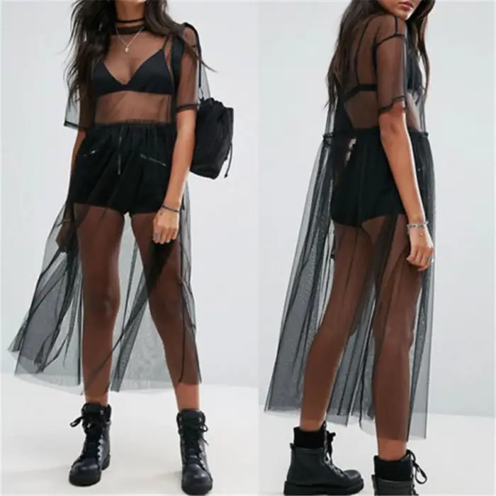 Sexy femmes soirée noir voir à travers maille robe pure Maxi robe Tulle dentelle longue robe décontr