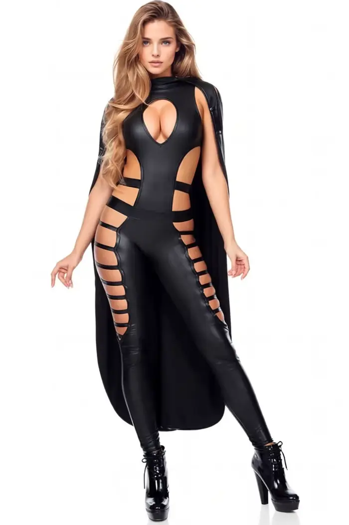 Combinaison en cuir pour femme costume d'halloween cape batman combinaison évidée look mouillé cospl
