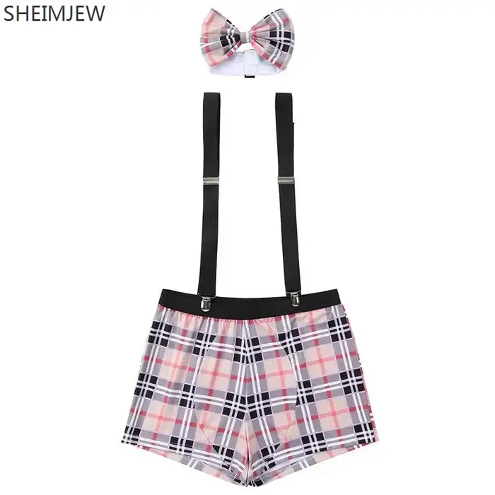 Qqa 2025 Plaid Noir Sexy ​   Costume de serveur de Lingerie, tenue à bretelles, Costumes d'halloween pour hommes, vêtements de club de fête