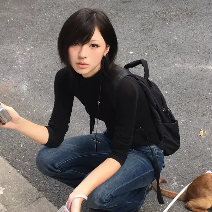 Tonngirls Y2k Japonské tričko pre ženy s dlhým rukávom čierny polovičný rolák