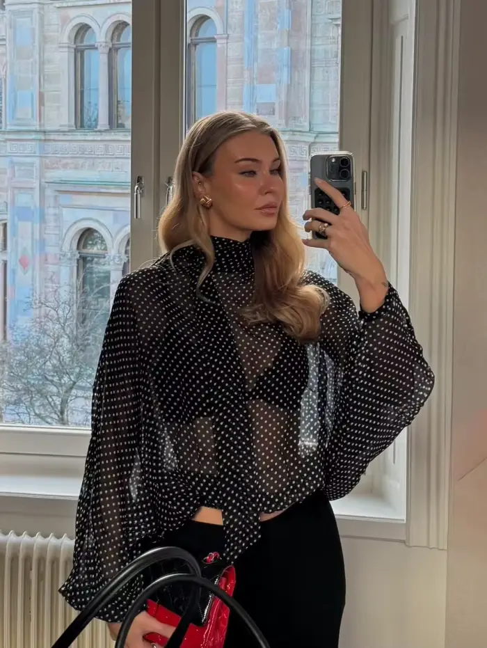 Ensemble jupe et chemisier à pois pour femme ETJ, collection Printemps 2026, col montant, manches ch