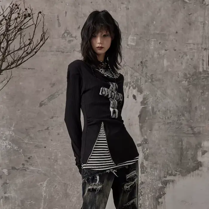 Karrcat Grunge esthétique faux deux pièces hauts Trashy Y2k à manches longues tricoté hauts Wastelan