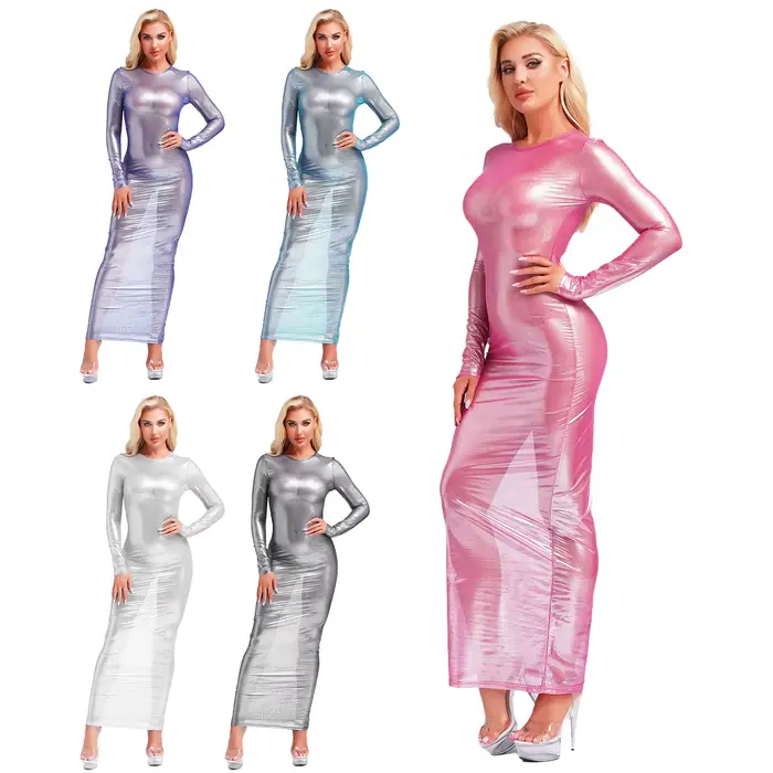 priehľadný Dámske šaty na dlhú pláž, Sexy, Lesklý kovový, S dlhými rukávmi, Jednofarebné, Mesh, Večerné obleky, Clubwear