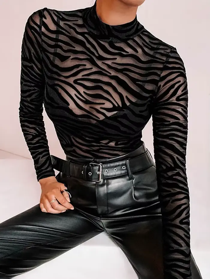 Sexy kombinéza v priehľadnej čiernej sieti, dlhé rukávy, štíhly, pruhovaný, vysoký golier, ležérne romper pre ženy, Party body, Club