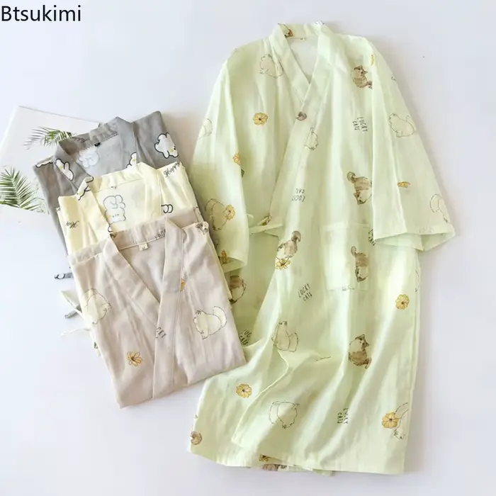Kimono Femme Printemps/Été 2026 – Pyjama Long en Gaze 100% Coton Imprimé, Robe de Nuit, Yukata SPA, Vêtements d'Intérieur pour Femme