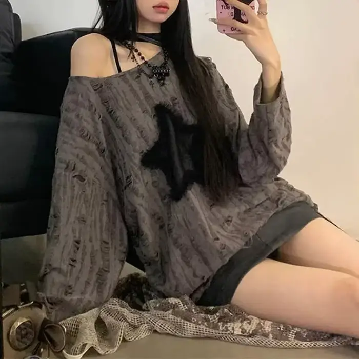 Y2K trou étoile imprimé T-Shirt femmes mode Streetwear épaules nues hauts été surdimensionné Kpop à 