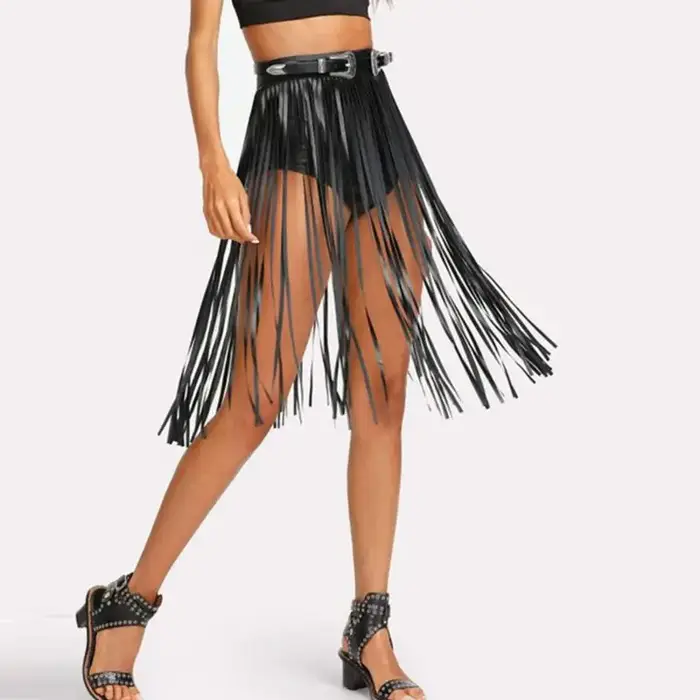 Jupe à franges en Faux pour femmes, taille haute, harnais avec boutons à pression, fête d'halloween,