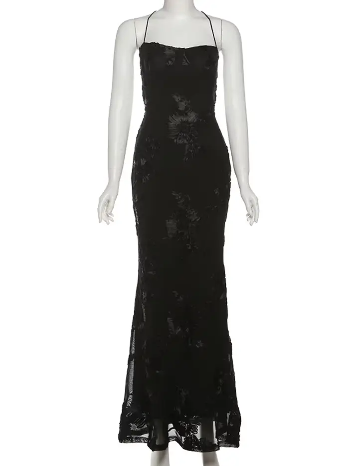 Nibber Elegantná Kvetinová Výšivka Maxi Šaty Ženy Nízky Golier Krížový Obväz Holý Chrbát Letné Uličný Trend Skinny