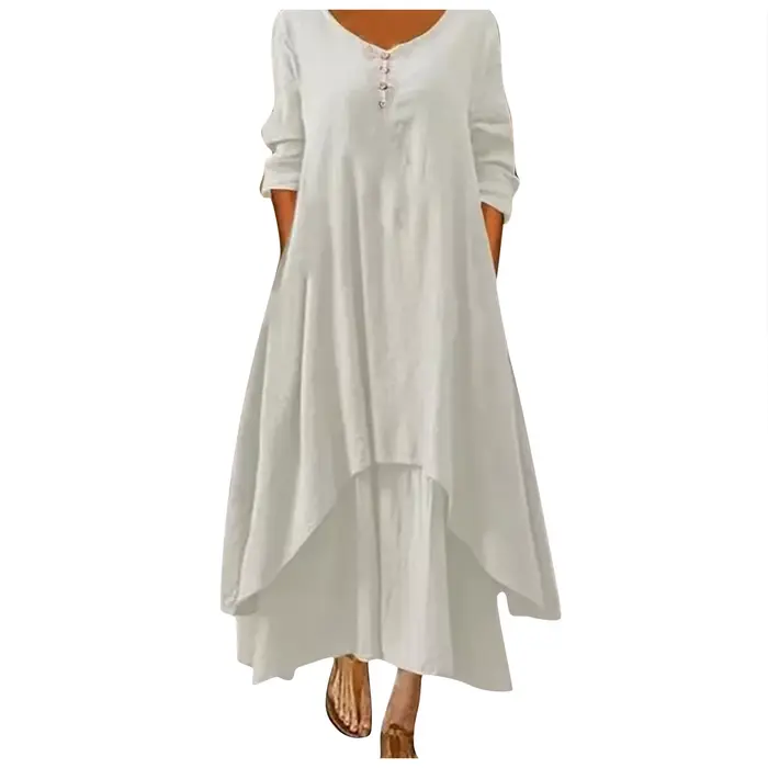 Robe longue en coton pour femmes, décontractée, à la mode, avec boutons, couleur unie, pour document