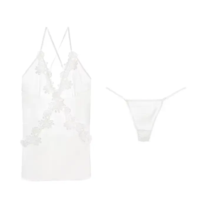 Meet'r Satin vêtements de nuit femmes Sexy broderie dos nu chemise de nuit col en v pyjama avec stri