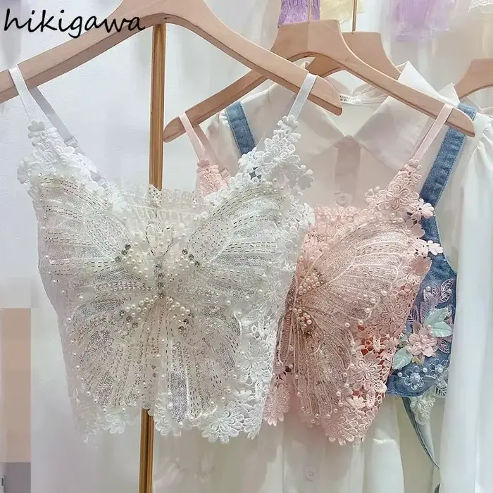 Dámske ťažké perlové tielko s kvetinovým vzorom Sexy kultúrne topy Ropa Mujer čipka motýľ top odhaľujúci pupok