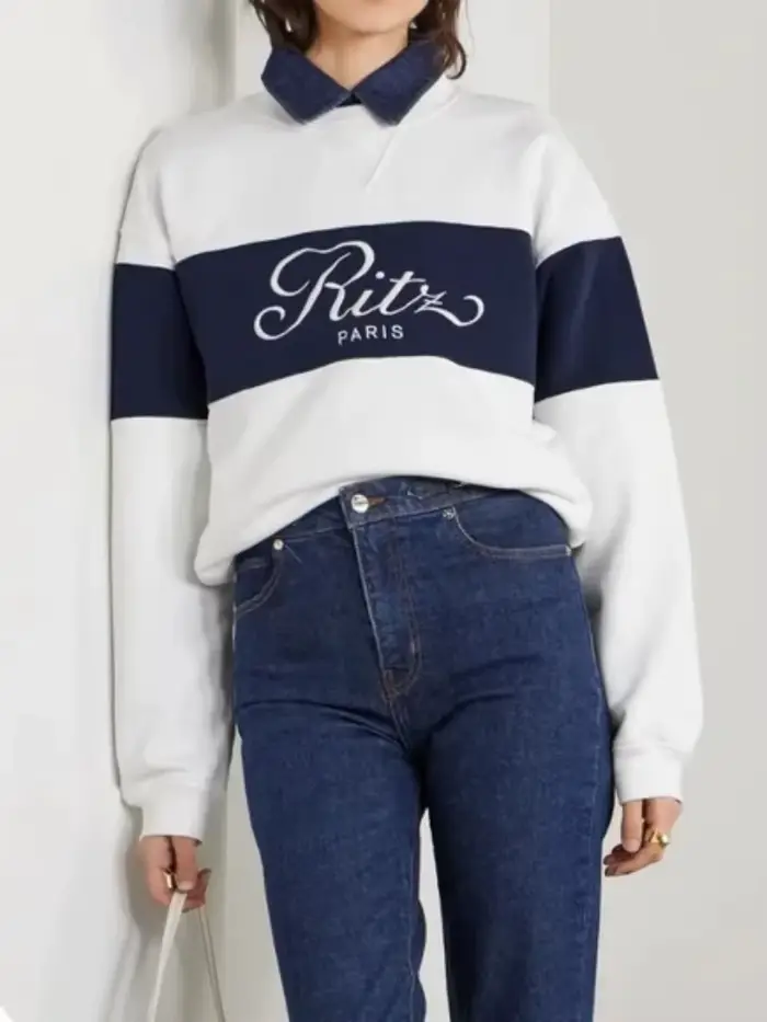 Ritz Paris 2026 – pull à col rond brodé, blanc, bleu foncé, coupe ample, sweat à capuche pour femme,