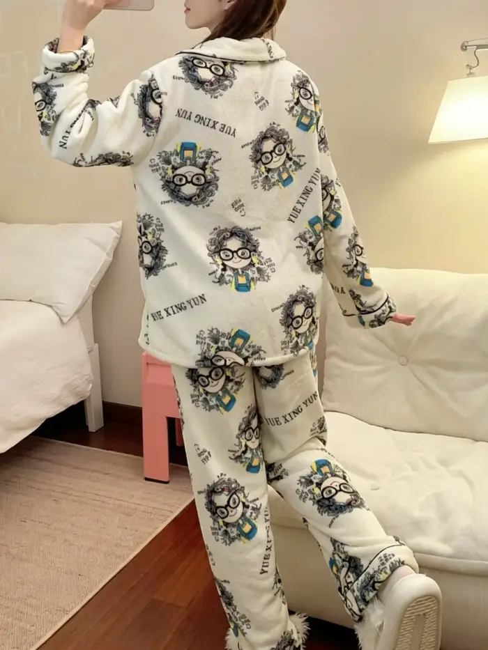 Dámske pyžamo s potlačou listov, roztomilé, teplé na zimu, ležérne, mäkké, hrubé koralové fleece, kórejské vintage nočné oblečenie.