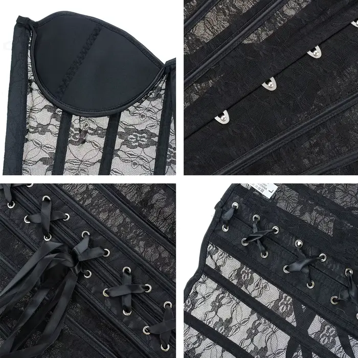 Dámsky vykostený oceľový korzet s gombíkmi na prednej strane a šnurovaním na zadnej strane, čipka a sieťovina bez ramienok, Sexy, Gothic, Club Wear móda