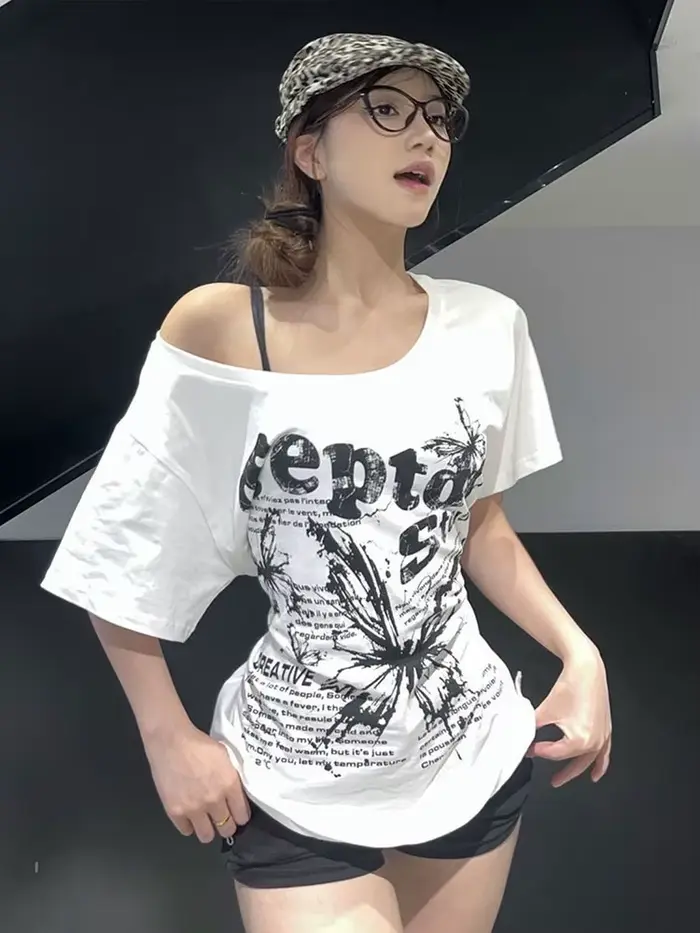 Biele 100% bavlnené Y2k vintage oversize off-shoulder tričko s krátkym rukávom s potlačou pre ženy