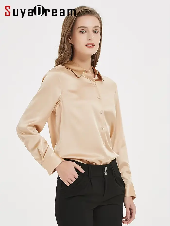 SuyaDream femme robe chemises femme 93% soie 7% élasthanne basique solide col rabattu Chic Blouse ch