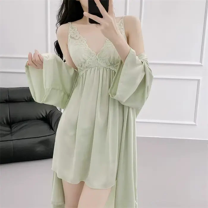 Chladená hodvábna nočná košeľa a šaty, nočné oblečenie, dvojdielna čipka Kimono Set, štýlový dlhý župan, sexy nočná košeľa, domáce oblečenie