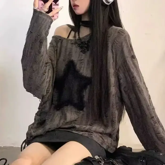 Y2K dierová hviezda potlač tričko ženy móda Streetwear holé ramená topy leto oversized Kpop dlhé rukávy t-sh