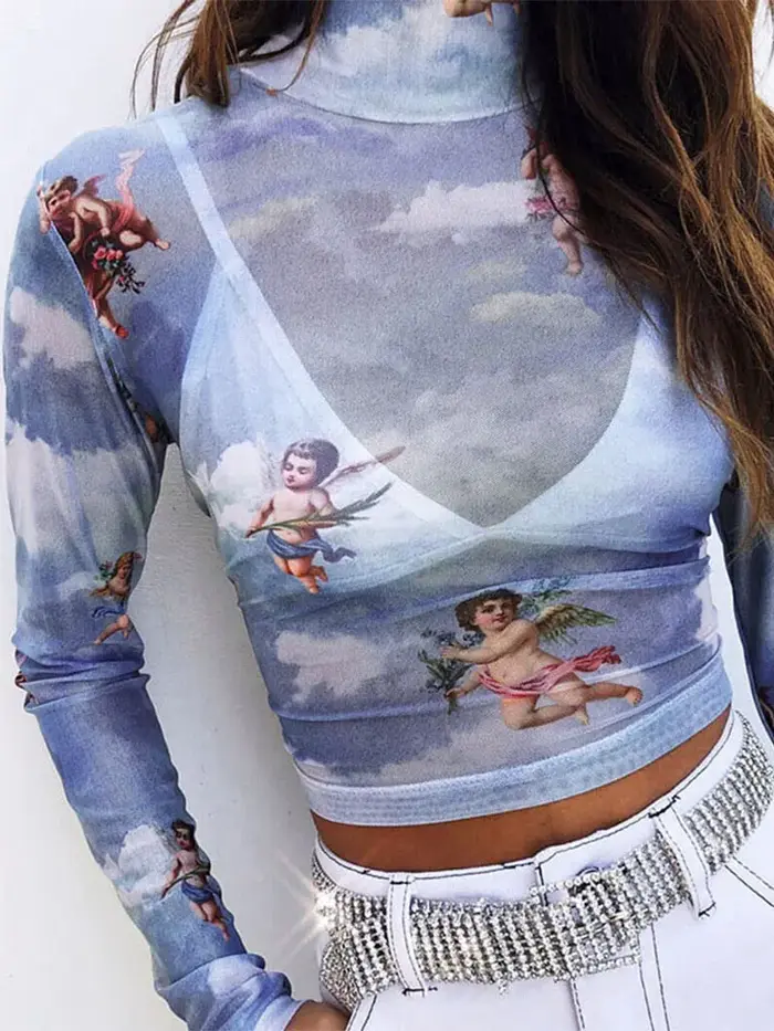 T-shirt à manches longues en maille transparente pour femmes, col roulé mince transparent, t-shirt s
