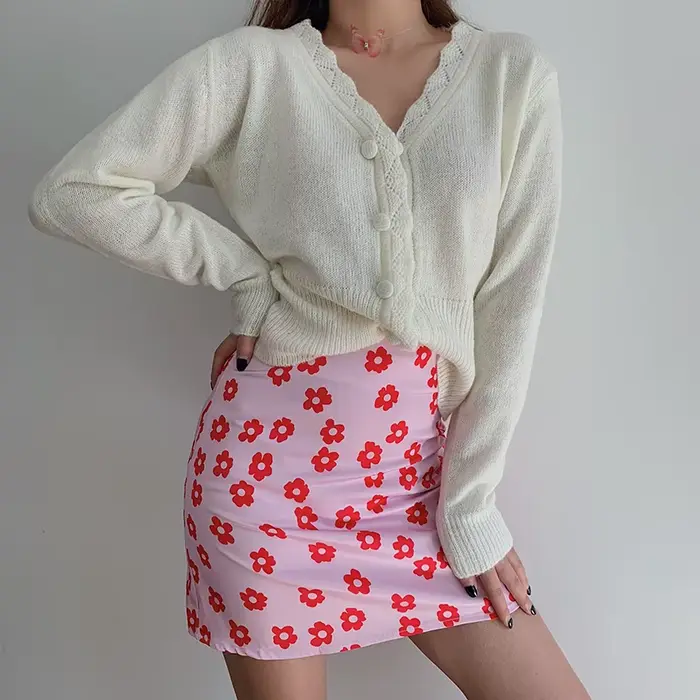 Mini jupe taille haute à imprimé floral pour femmes, vêtements d'été roses, jupe en satin rouge, mod
