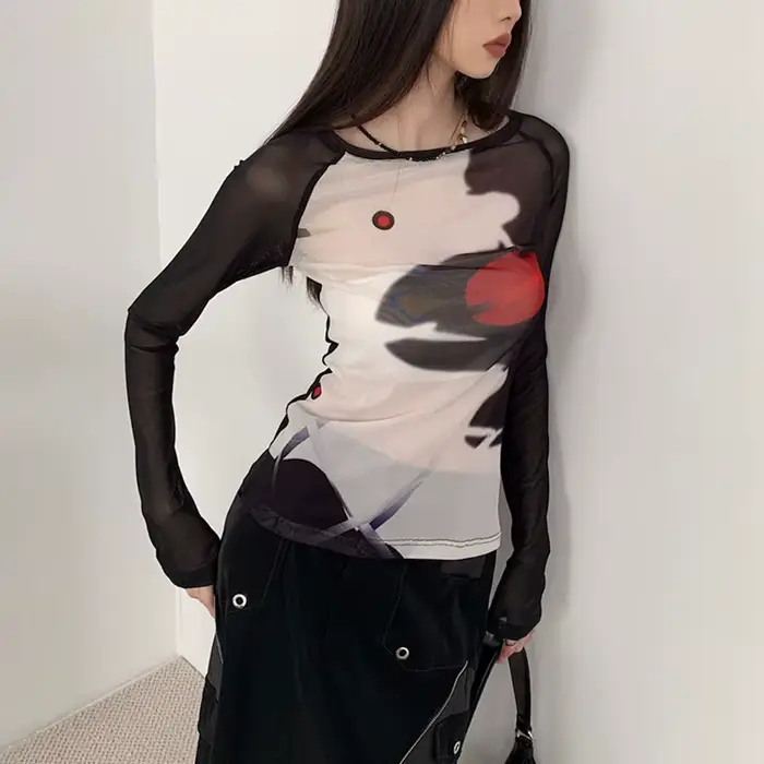 T-shirt en maille Karrcat cyber-y2k, hauts imprimés Grunge esthétique japonais Harajuku, teinture pa