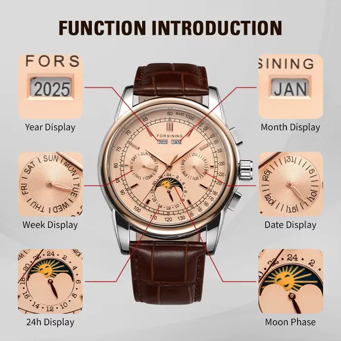 Forsining retro mechanické hodinky s fázou mesiaca