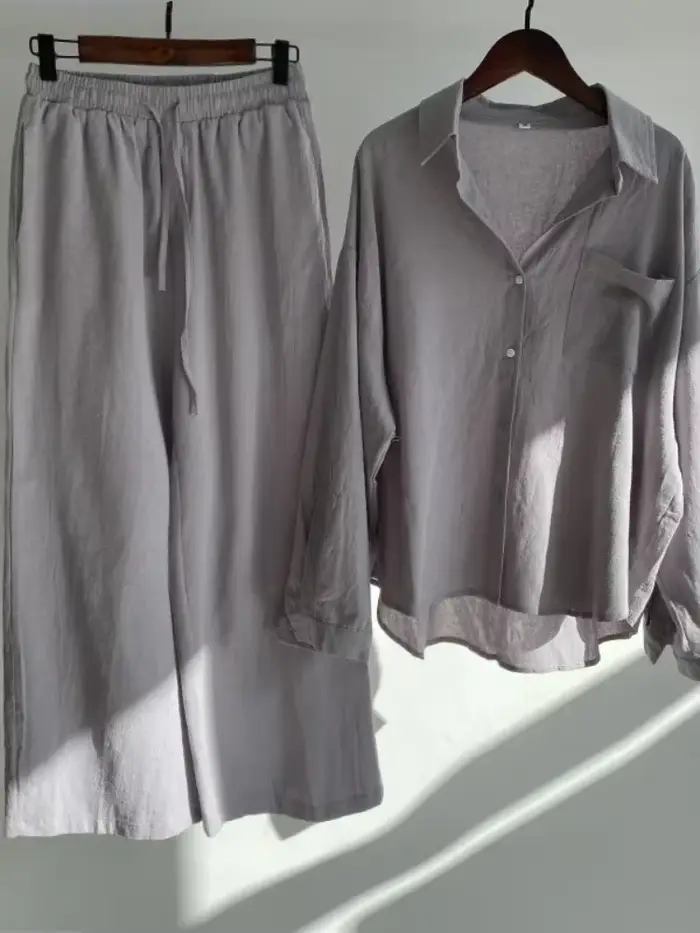 Costume chemise en coton et lin pour femmes, nouvelle tendance, taille haute, pantalon ample, ensemb