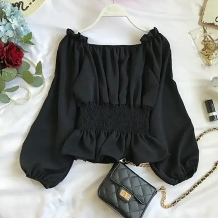 Chemisier Élégant en Mousseline de Soie pour Femme, Chemise Blanche à Volants et Manches Bouffantes,
