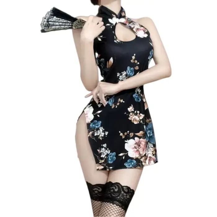 Čínsky štýl Cheongsam spodná bielizeň, tesná tlačená uniforma bez rukávov so slotom, zmyslové a zvodné výrezy pre ženy