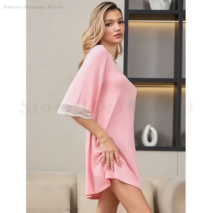 Dámska nočná košeľa Sexy čipka V-výstrih Modal voľný domáci odev polovičné rukávy