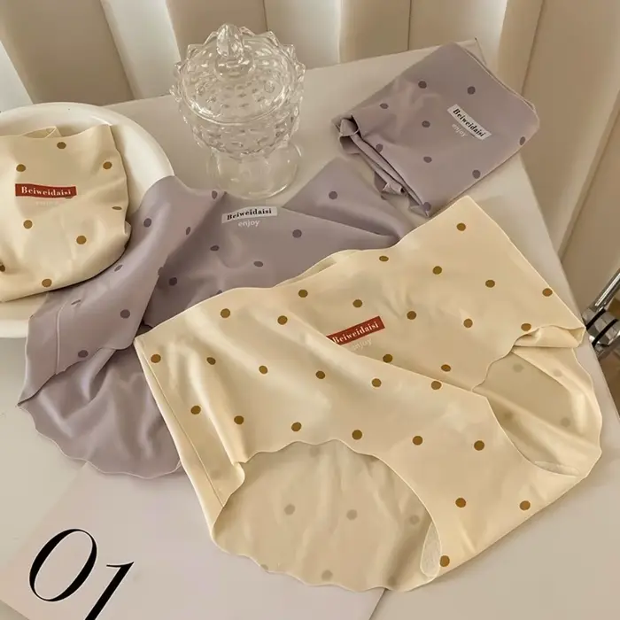 Culottes de lingerie en soie glacée, taille mi-haute, douces pour la peau, à pois, sans couture, pour femme et jeune fille