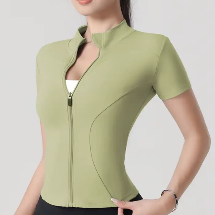 Femme yoga veste haute élastique Yoga à manches courtes manteau col montant serré sport manteau nu F