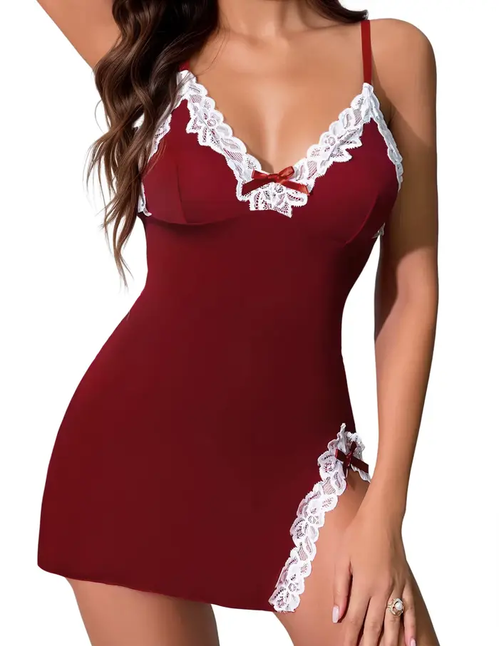Lingerie pour femmes robes de nuit sexy dentelle garniture robe de nuit col en V nuisette Chemise robe côté fendu nuisette