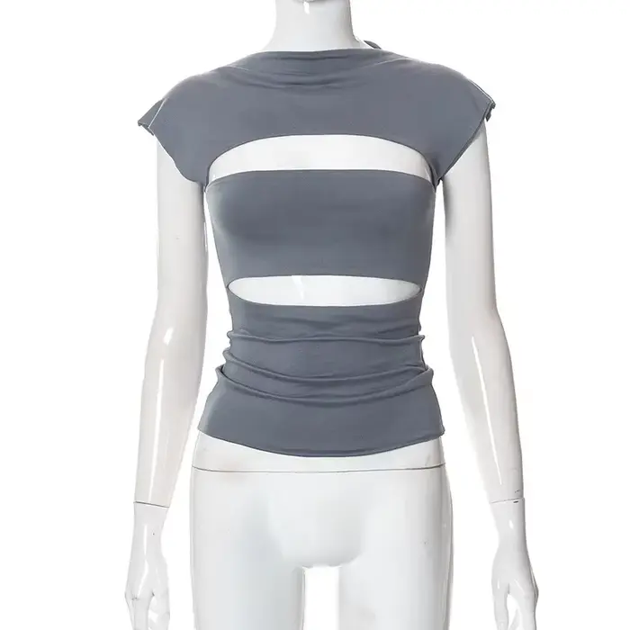 Sexy Wrap poitrine évider col roulé mince t-shirt femmes manches courtes chemise à bascule dames t-s