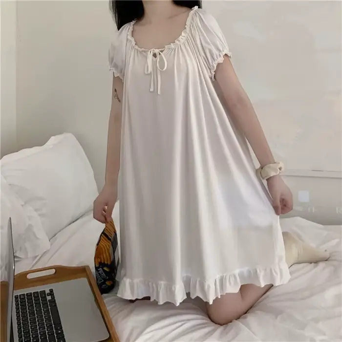 Ročník biela krátky rukáv nočná košeľa pre ženy, princezná Lolita nočná košeľa, letné volániky, uzlík, monochromatický, mäkké Kawaii