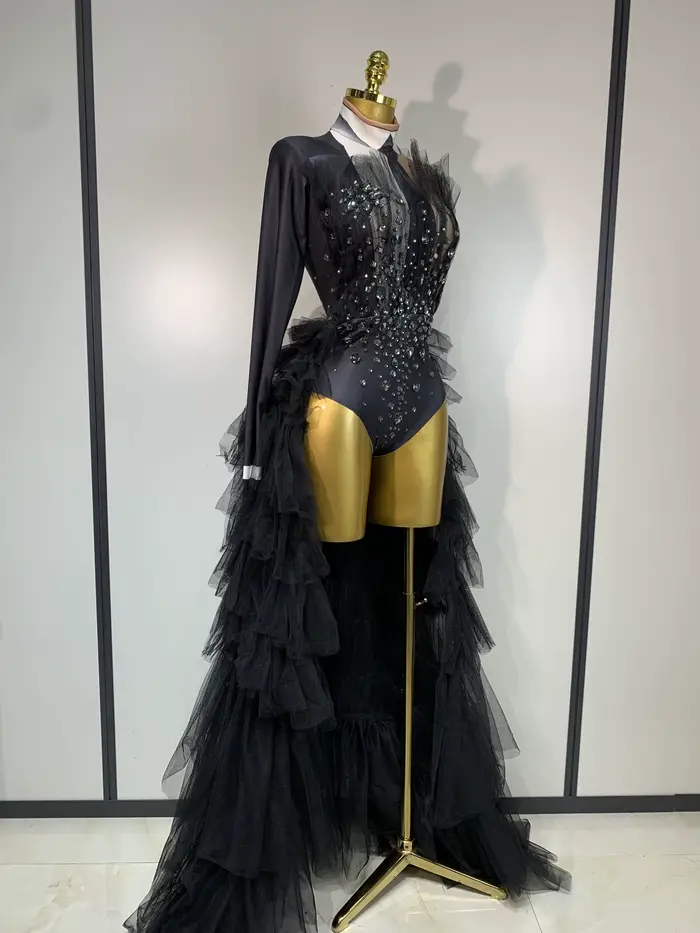 Body noir Kormanly pour femmes junior avec diamants imprimés, style sexy et club, pantalon crayon, haute élasticité, pour soirée, spectacle, photo shoot