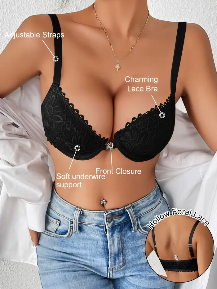 Štýlová čipková push-up podprsenka pre ženy, bezšvíkové neodstrániteľné podložky, priedušná podpora, pohodlné nosenie s predným uzáverom, detaily čipky