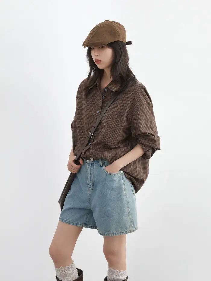 CHIC VEN femmes chemise ample décontracté simple boutonnage nouveau rétro contraste Plaid brodé Blou