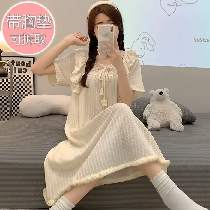 Chemise de nuit en coton grande taille avec coussinets de poitrine pour femme, pyjama de style princ