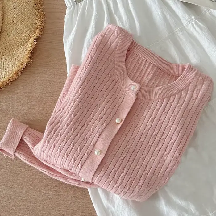 Elegantný dlhý rukáv pletený top pre ženy jeseň zima jednoduché zapínanie pulóver okrúhly výstrih hrubý teplý